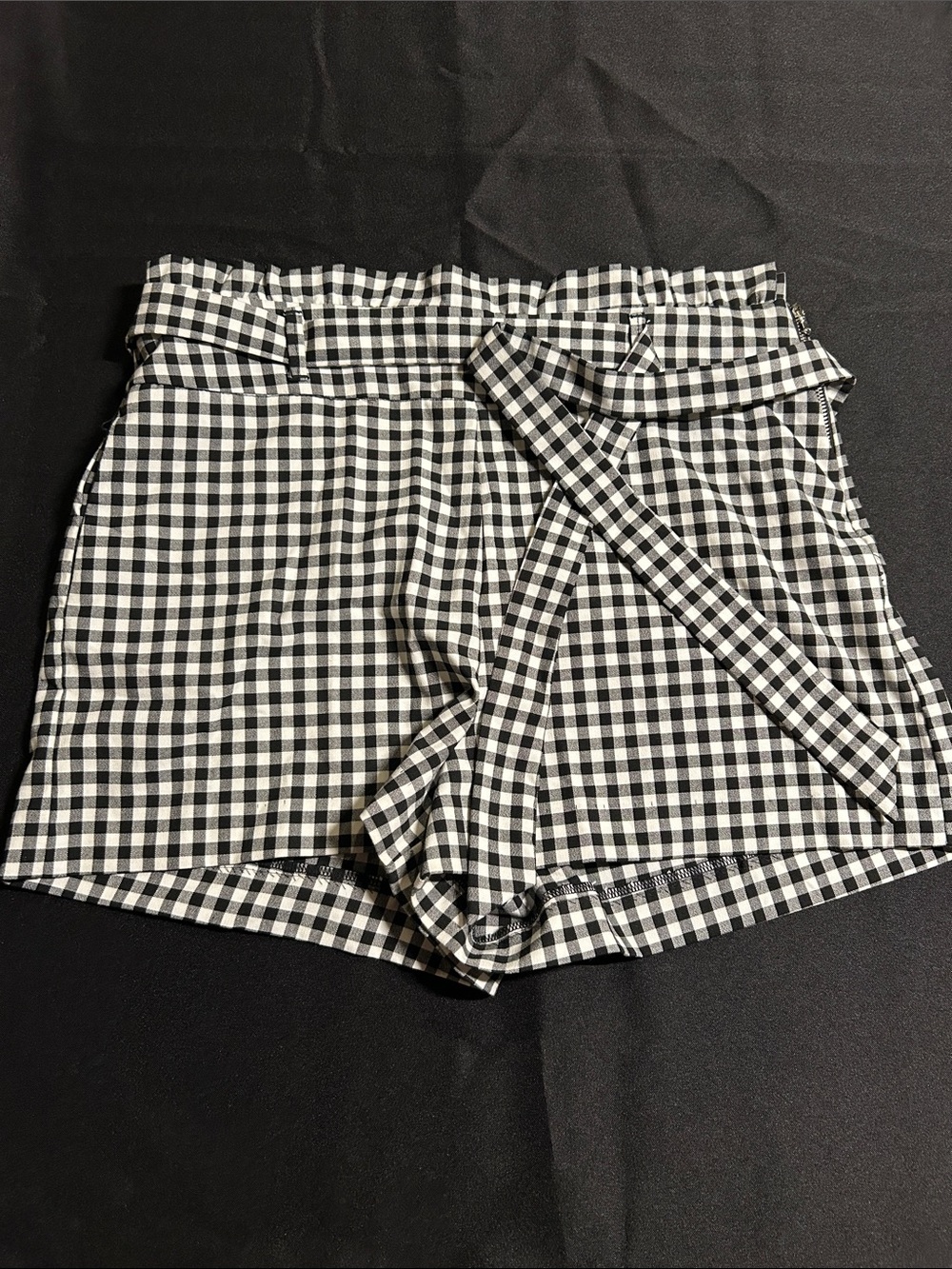 Zara Black and White Gingham High-Waist Tie Shorts